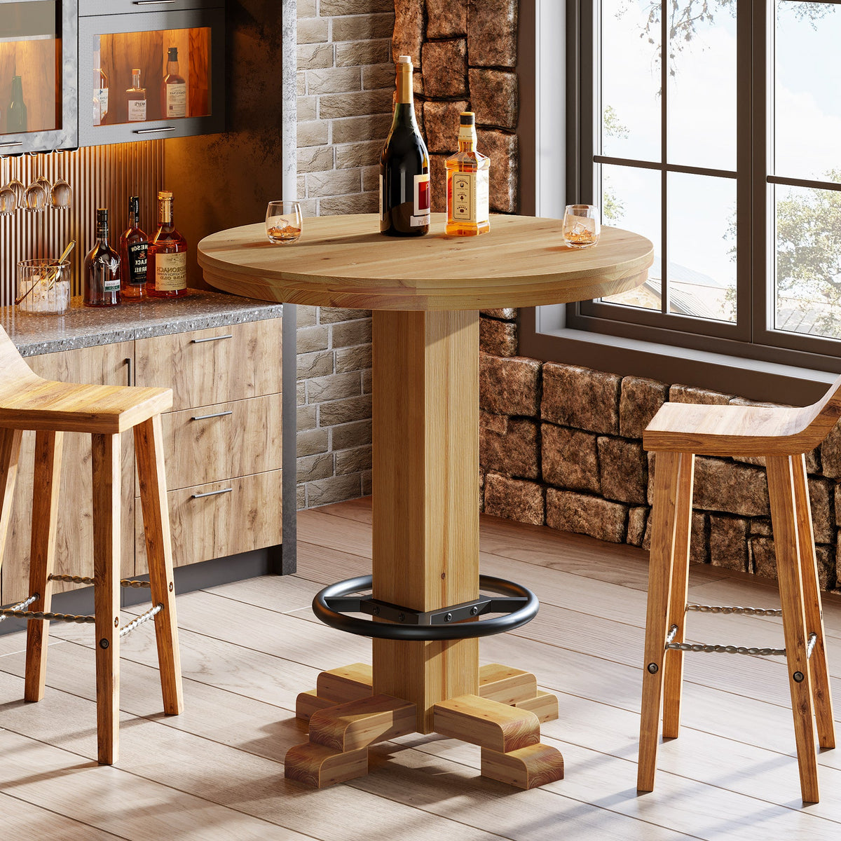 37.4-Inch Round Counter Height Bar Table, Solid Wood Bistro Table with Metal Footrest for Small Spaces