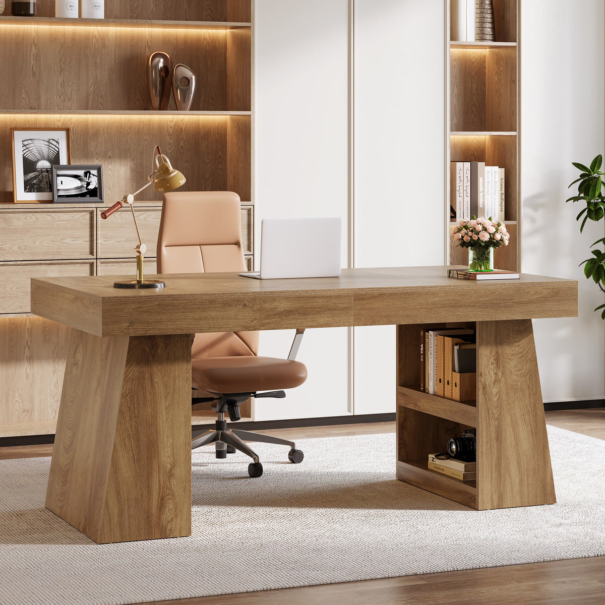 55 Inch Executive Desk with Drawer, Large Office Computer Desk with Storage Shelves for Home Office