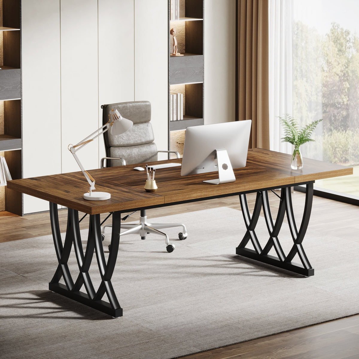 70.86-Inch Executive Desk, Large Home Office Computer Desk with Trestle Metal Frame for Study and Writing