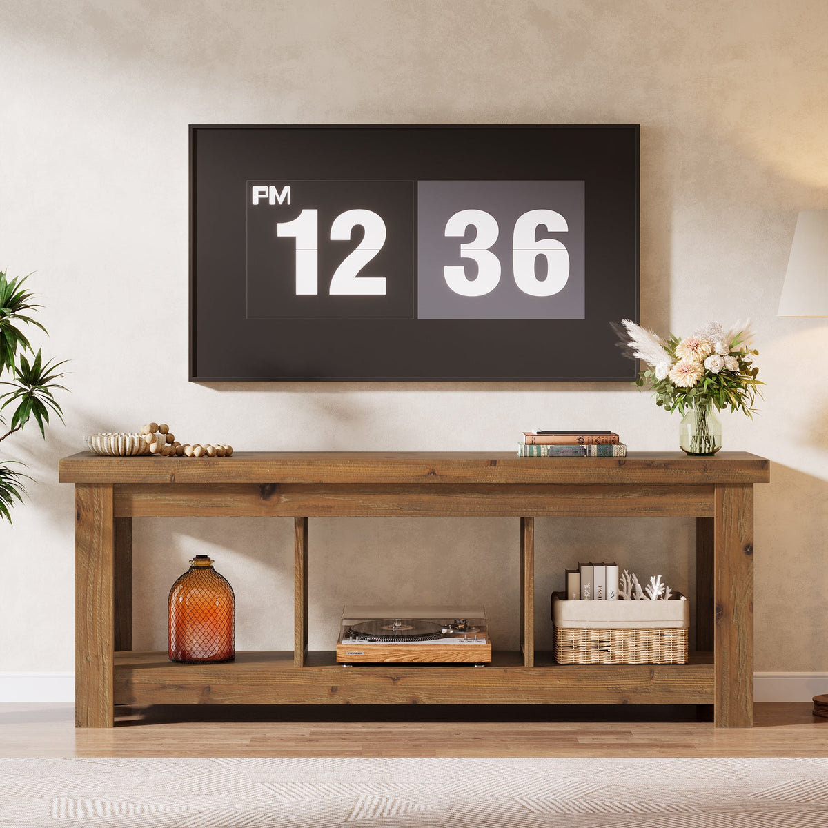63-Inch Solid Wood TV Stand with 3 Open Storage Shelves, Farmhouse Entertainment Center for TVs up to 75 Inches