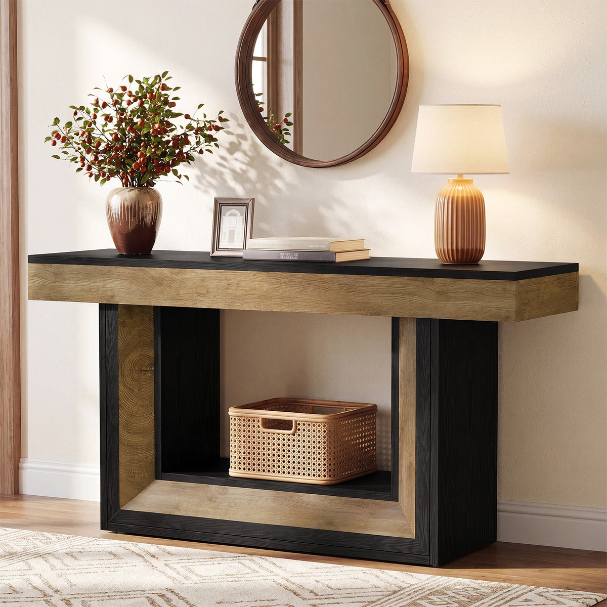 63-Inch Narrow Console Table with 2-Tier Storage, Farmhouse Sofa Table for Entryway