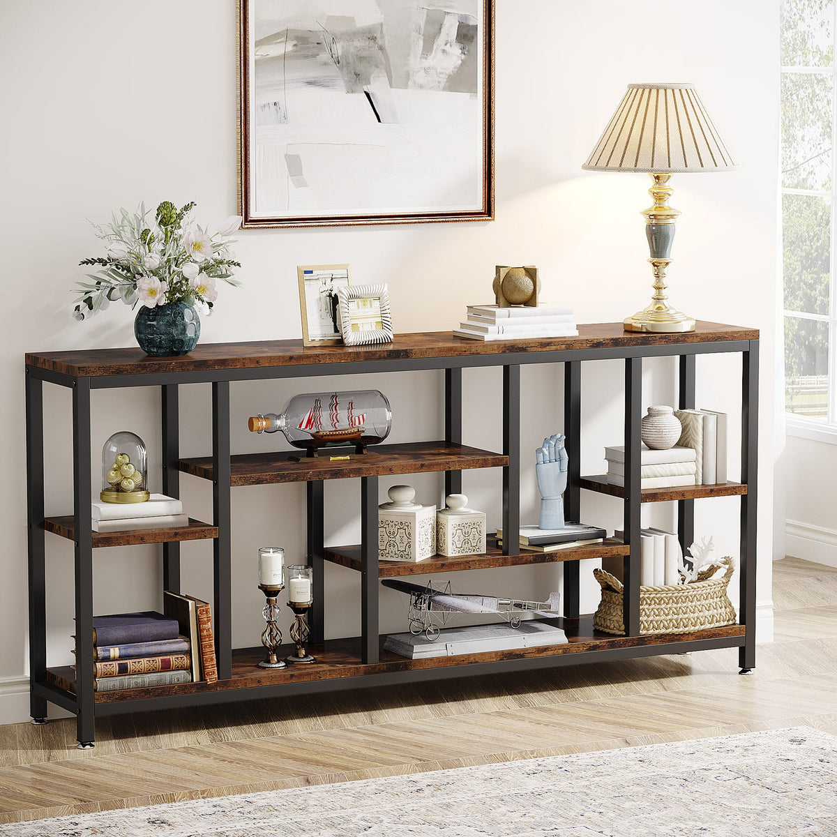 70.9-Inch Extra Long Console Table with 3-Tier Storage Shelves, Industrial Narrow Sofa Table for Entryway
