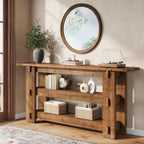 63" Solid Wood Console Table, Farmhouse Sofa Table Behind Couch with 3-Tier Shelves#Colour_Brown