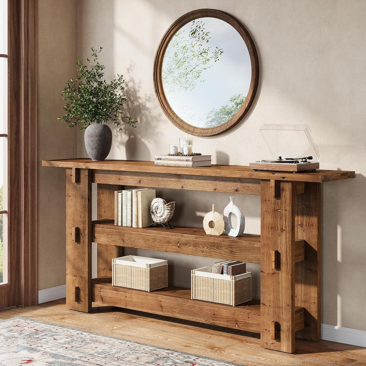 63" Solid Wood Console Table, Farmhouse Sofa Table Behind Couch with 3-Tier Shelves#Colour_Brown