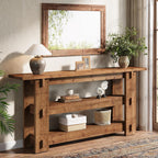 63" Solid Wood Console Table, Farmhouse Sofa Table Behind Couch with 3-Tier Shelves#Colour_Brown