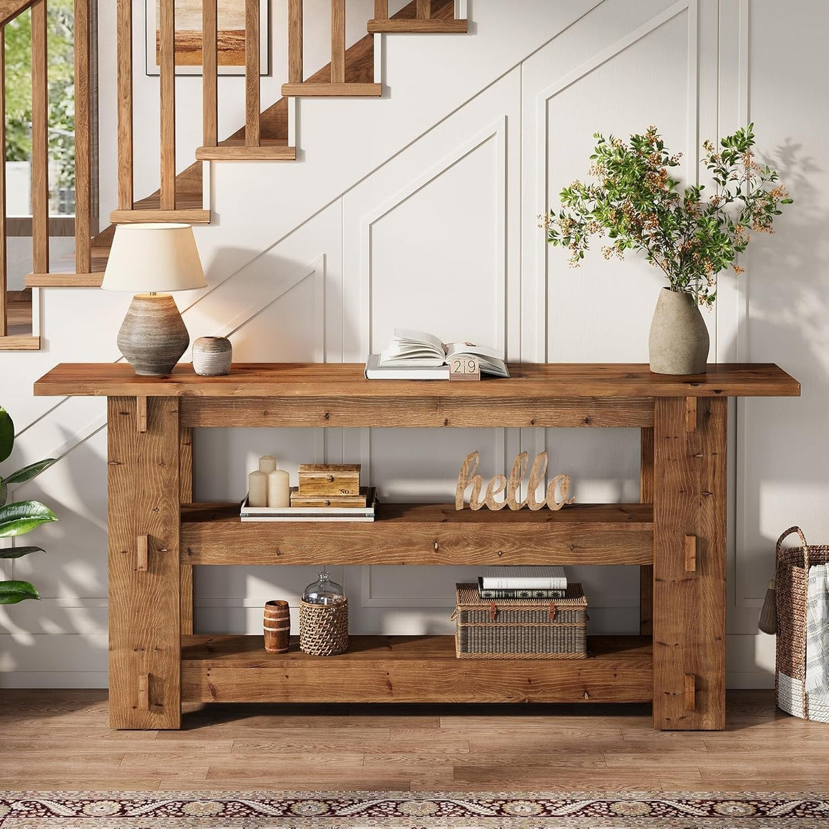 63" Solid Wood Console Table, Farmhouse Sofa Table Behind Couch with 3-Tier Shelves#Colour_Brown