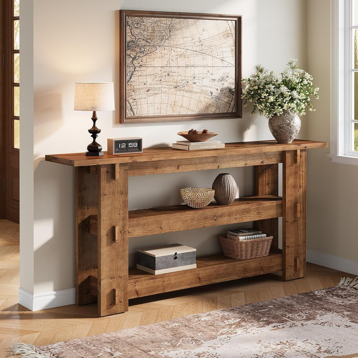 63" Solid Wood Console Table, Farmhouse Sofa Table Behind Couch with 3-Tier Shelves#Colour_Brown