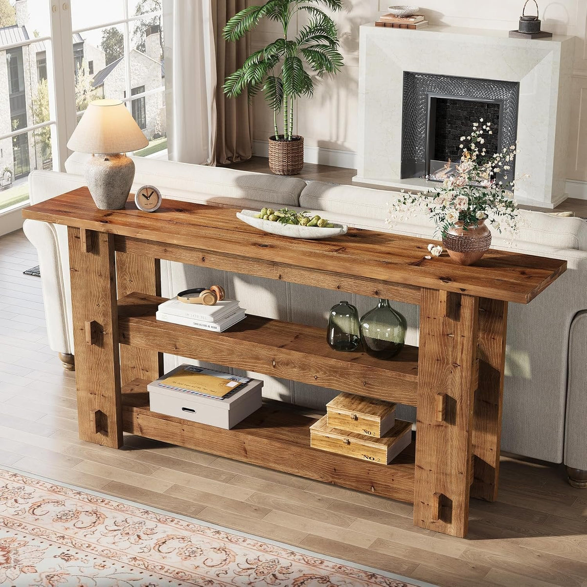 63" Solid Wood Console Table, Farmhouse Sofa Table Behind Couch with 3-Tier Shelves#Colour_Brown