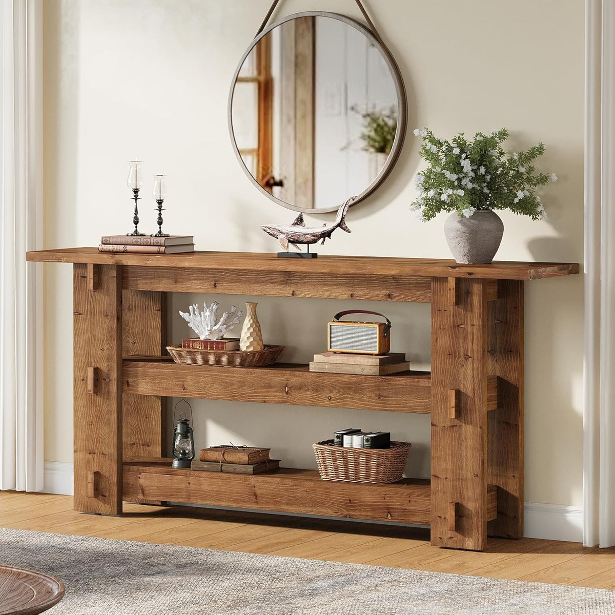 63" Solid Wood Console Table, Farmhouse Sofa Table Behind Couch with 3-Tier Shelves#Colour_Brown