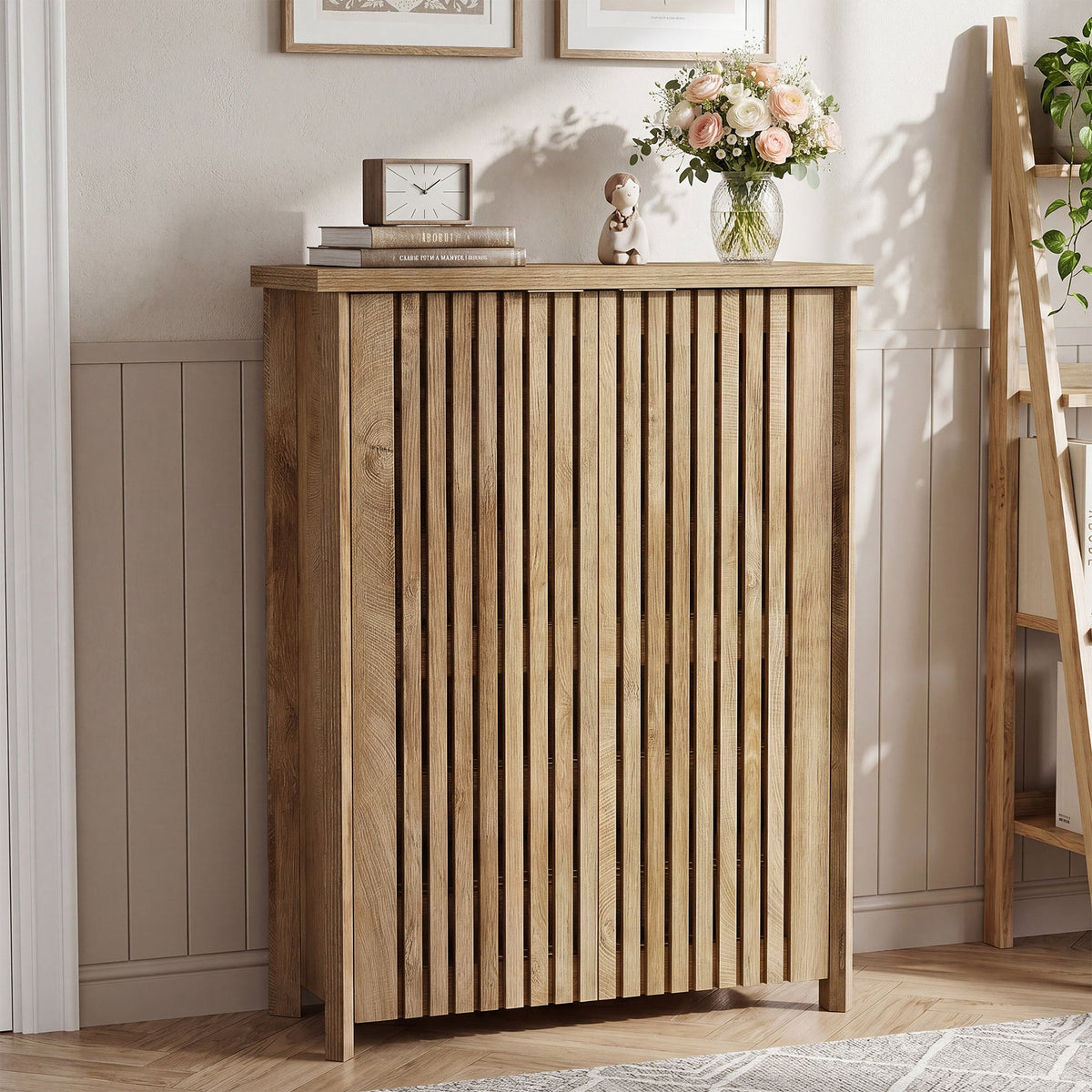 43.31 Inch 6-Tier Shoe Cabinet with Louvered Doors, Farmhouse Shoe Storage Cabinet for Entryway and Hallway