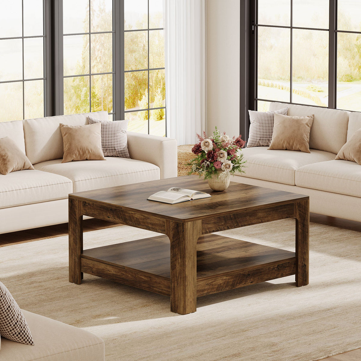 39.4-Inch Square Coffee Table, Large Farmhouse Center Table with Storage Shelf for Living Room