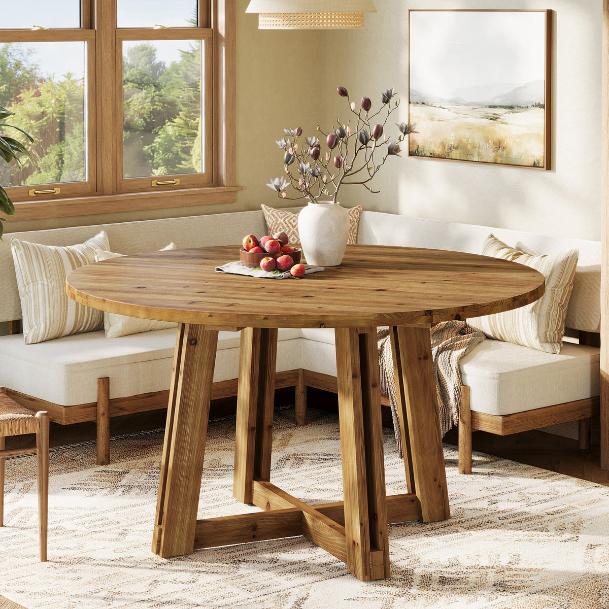 47.3-Inch Solid Wood Round Dining Table for 4-6 People, Farmhouse Kitchen Table with Cross-Shaped Base for Dining Room