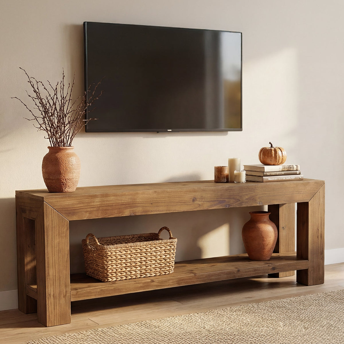 63-Inch Solid Wood TV Stand for TVs up to 75 Inches with 2-Tier Open Storage Shelves