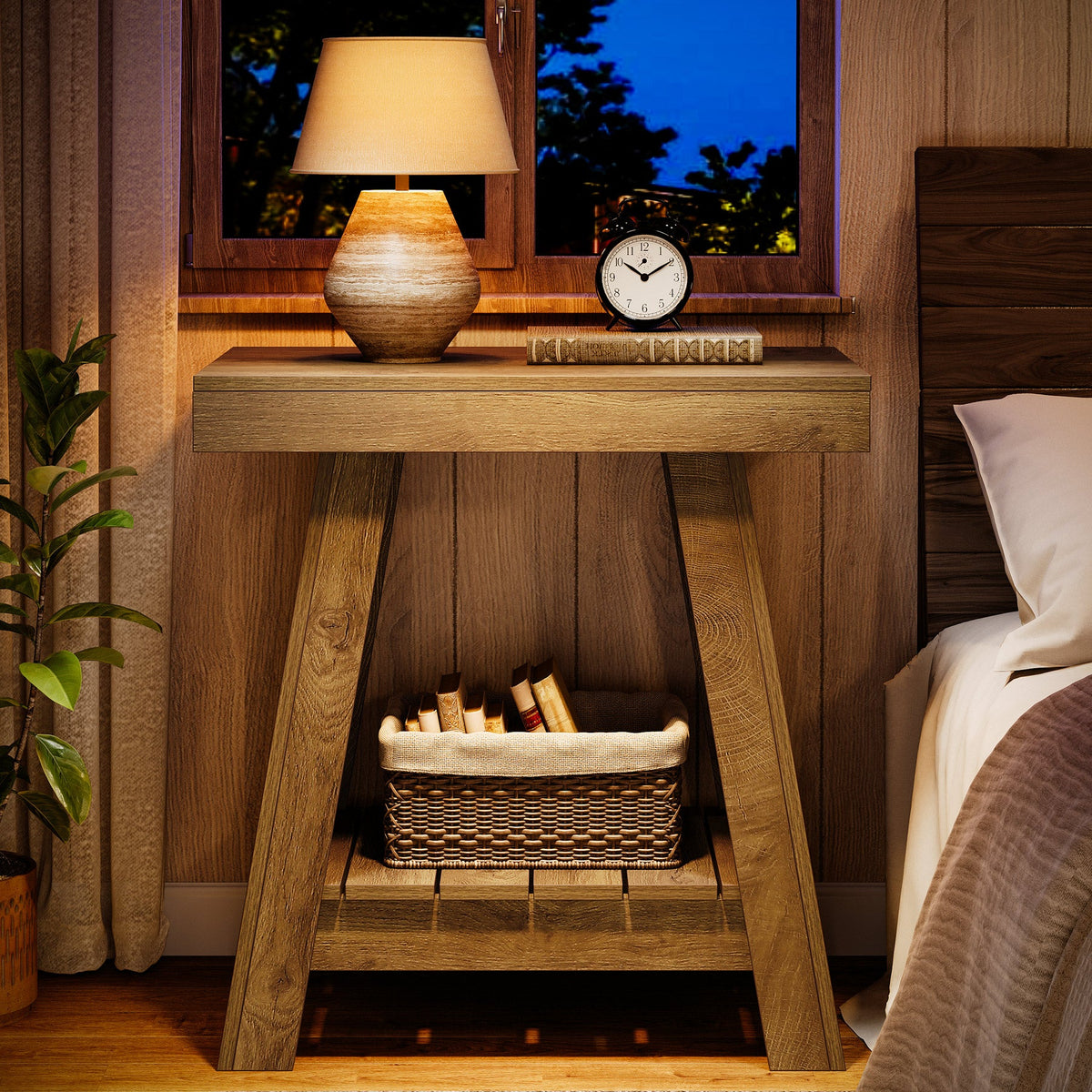 23.6 Inch 2-Tier End Table with Trapezoidal Base, Farmhouse Side Table for Small Spaces