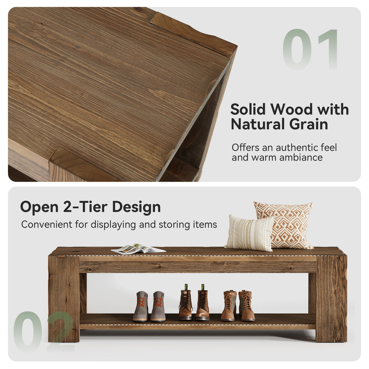 55.12 Inch Solid Wood Entryway Bench with Storage Shelf, Rustic Shoe Bench for Hallway