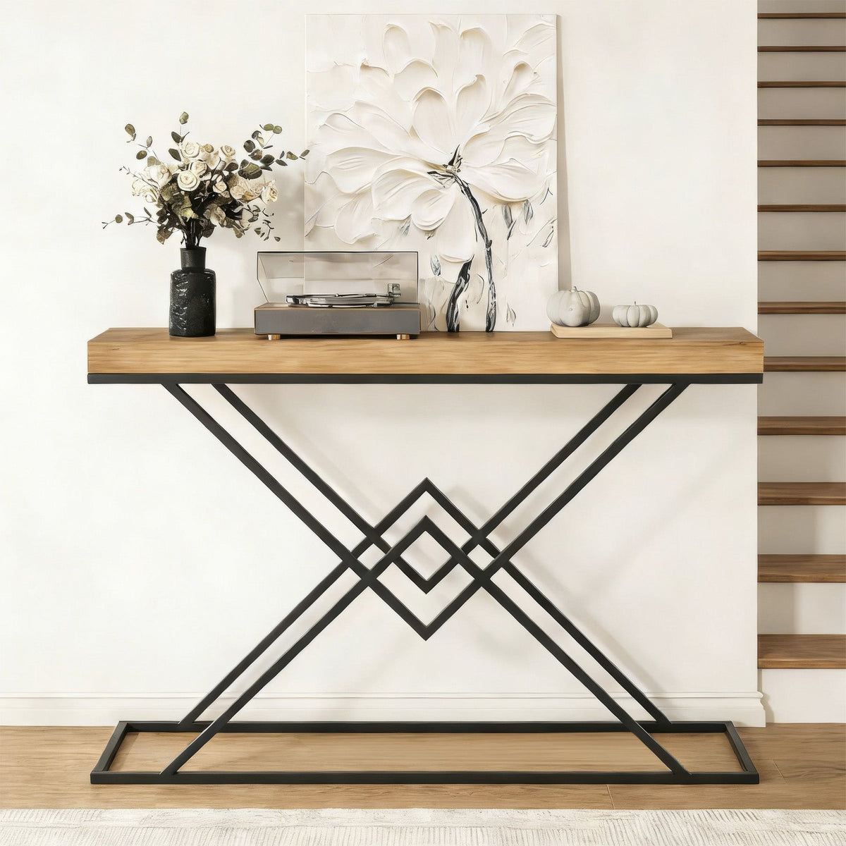 47.2-Inch Industrial Console Table, Entryway Hallway Table with Geometric Metal Frame for Living Room and Entrance