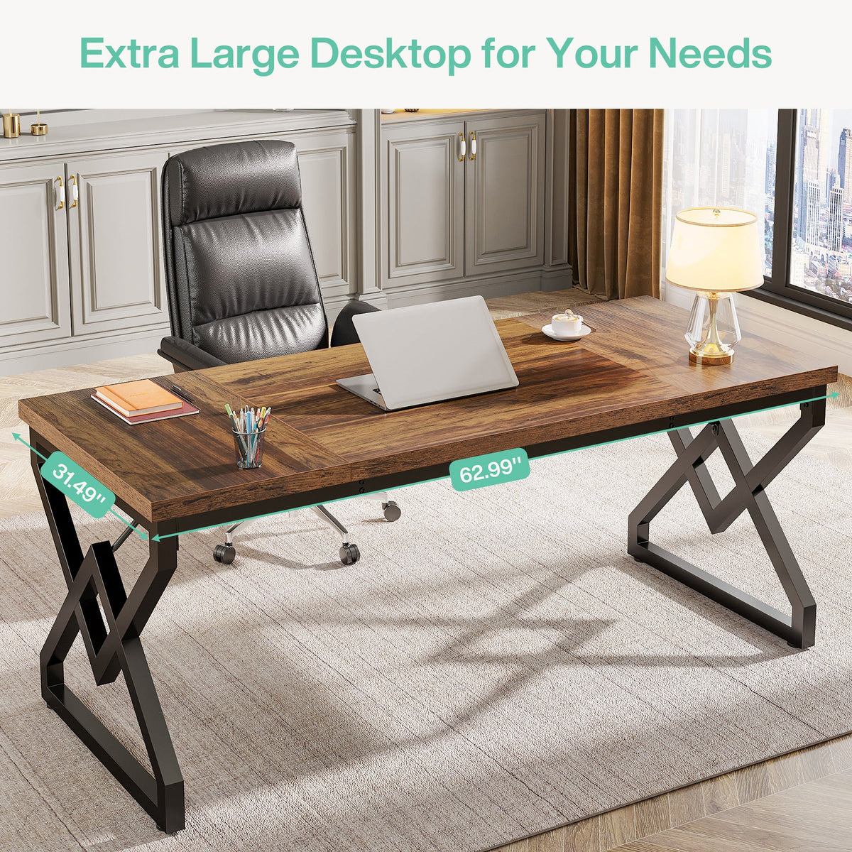 63-Inch Large Office Desk, Industrial Computer Executive Desk with Extra Thick Wood-Look Top and Metal Frame for Home Office