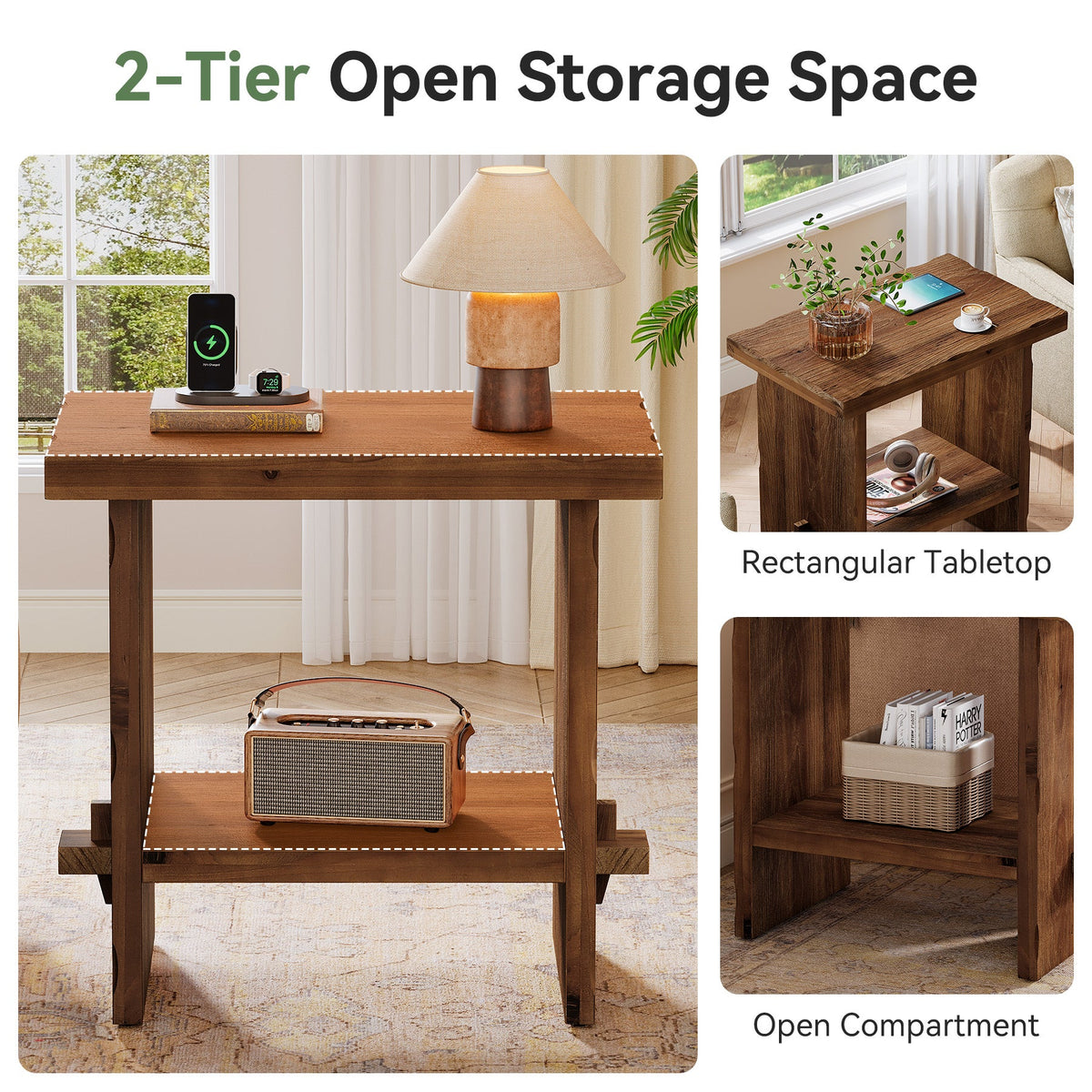 23.62 Inch Solid Wood Side Table with 2-Tier Storage, Farmhouse End Table for Bedroom