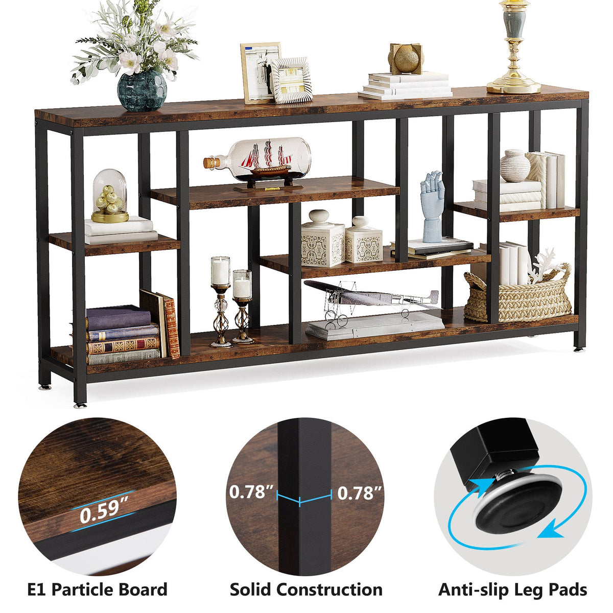 70.9-Inch Extra Long Console Table with 3-Tier Storage Shelves, Industrial Narrow Sofa Table for Entryway