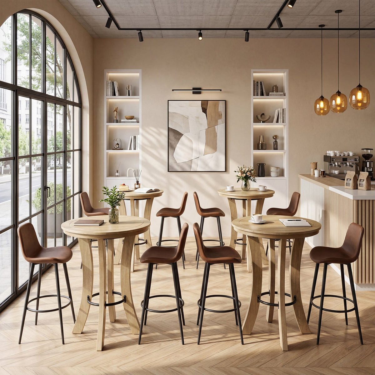 39.4-Inch High Round Bar Table with Curved Legs and Metal Footrest, Modern Pub Table for Kitchen and Coffee Bar