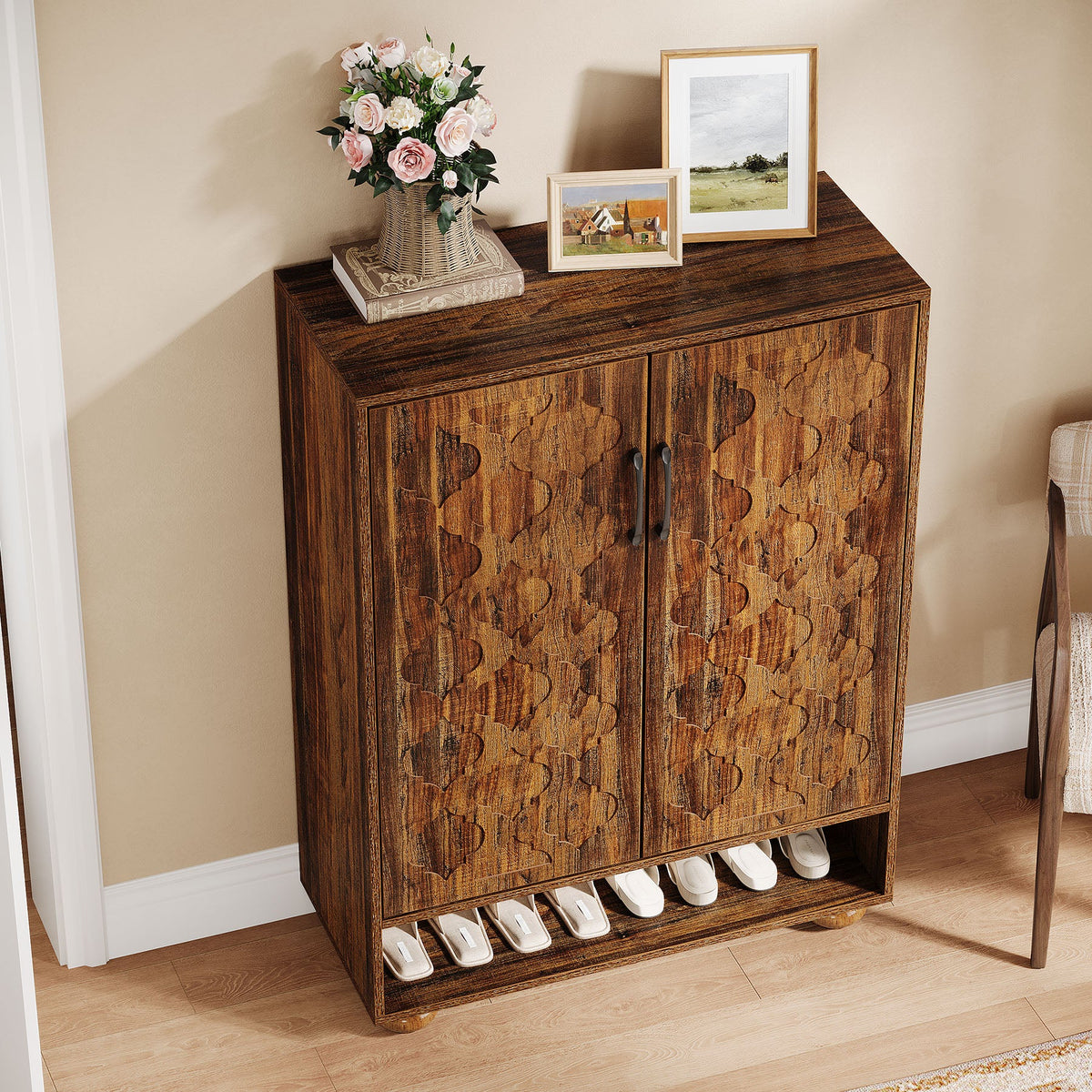 31.5-Inch Solid Wood Shoe Cabinet for Entryway, Farmhouse Tall Shoe Storage Cabinet with Doors and Adjustable Shelves for Hallway
