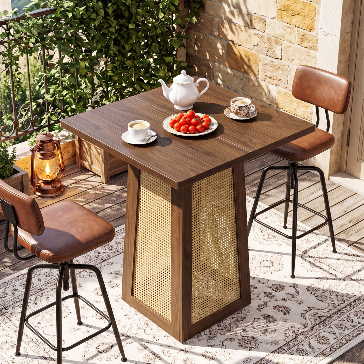 31.5-Inch Square Bar Table, Counter Height Pub Table with Rattan Pedestal Base for Home Bar Kitchen and Small Spaces