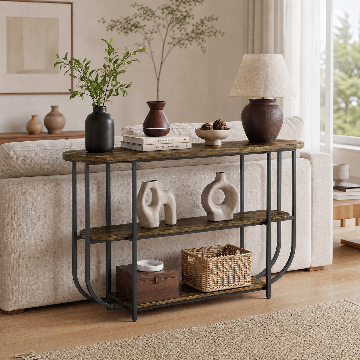 63-Inch 3-Tier Narrow Console Table with Curved Metal Frame, Modern Vintage Entryway Sofa Table for Living Room