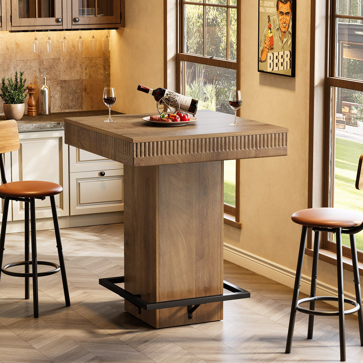 31.5-Inch Square Bar Table with Metal Footrest, Industrial Pub Table for Small Kitchens