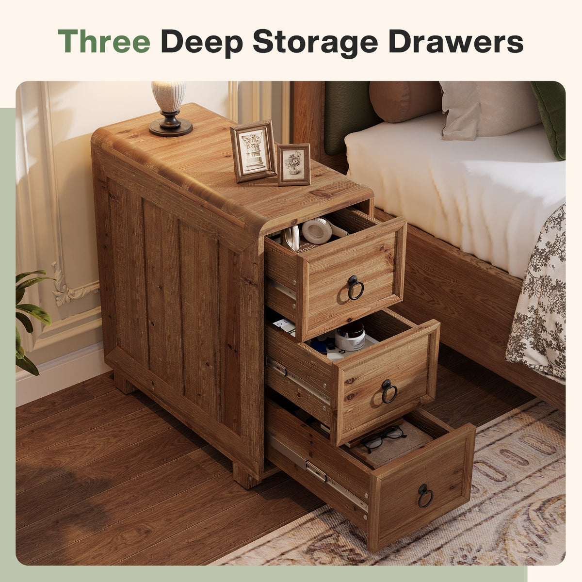 11.81 Inch Narrow Solid Wood Side Table with 3 Drawers, Slim Bedside Table for Bedroom