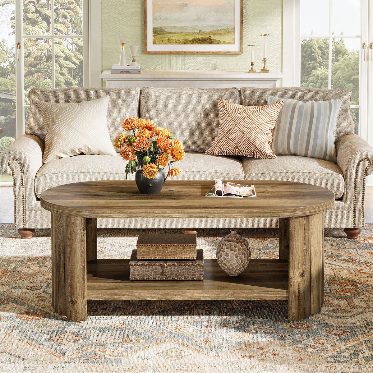 47.24-Inch Oval Coffee Table with 2-Tier Storage Shelf and Dual Base, Farmhouse Accent Center Table