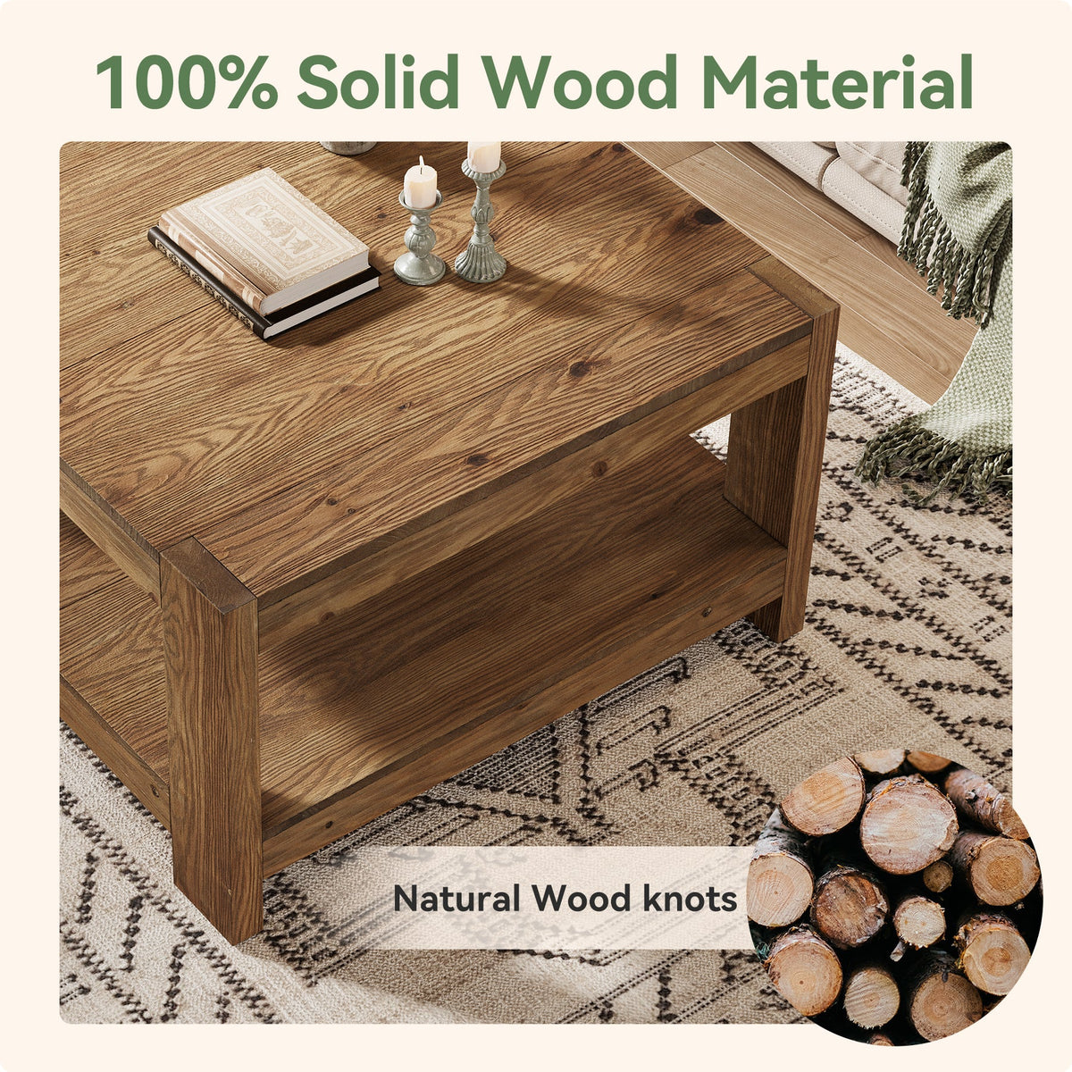 31.5-Inch Square Farmhouse Coffee Table with Storage Shelf, Solid Wood Center Table for Living Room