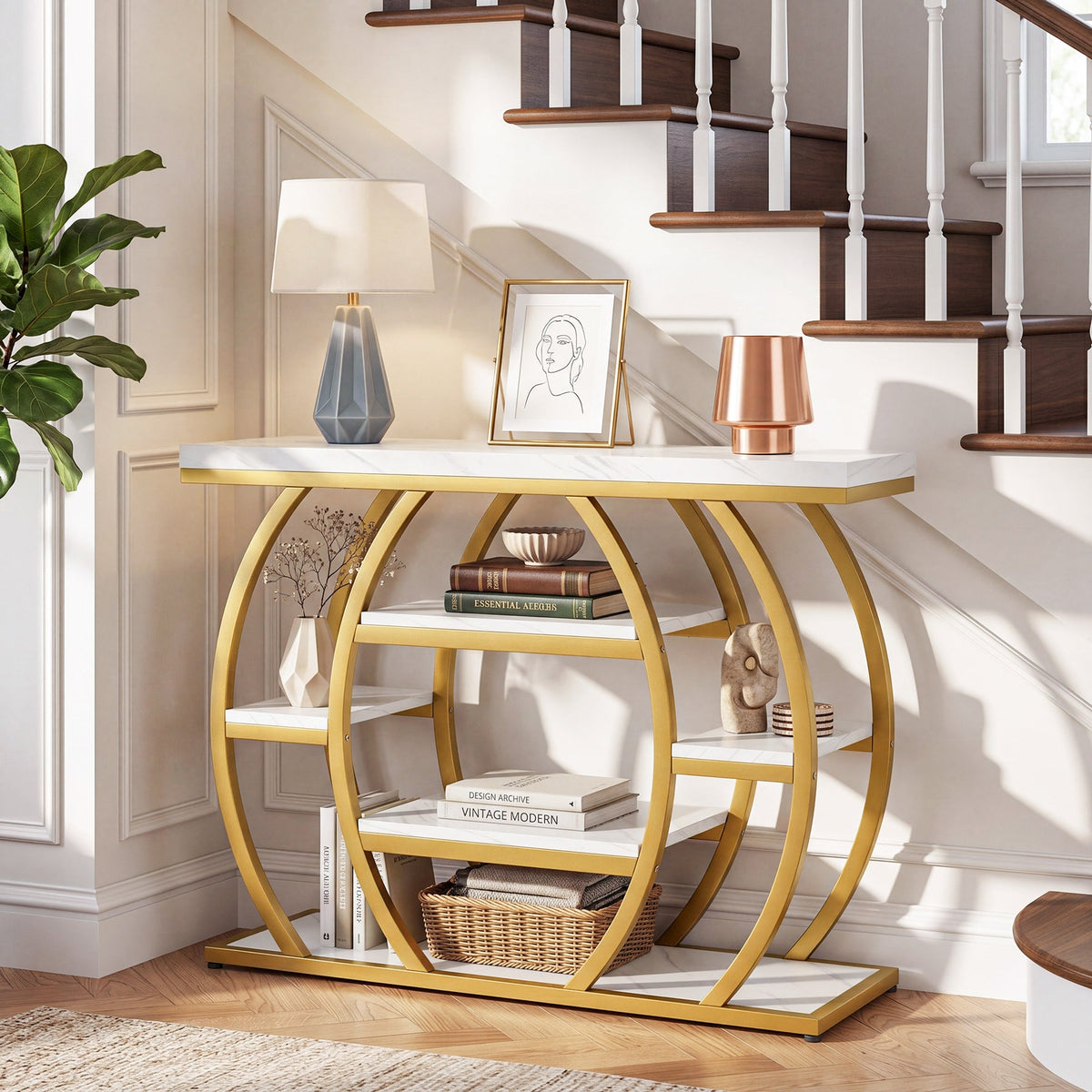 41.3-Inch Modern Console Table with 5-Tier Storage, Narrow Faux Marble Entryway Table for Living Room and Hallway
