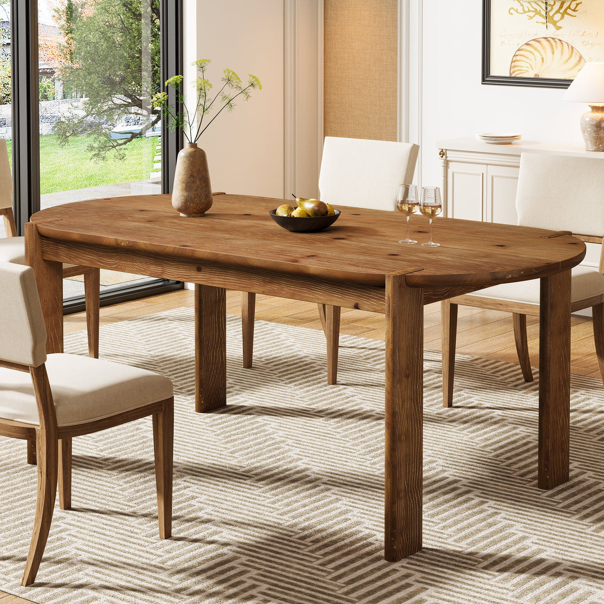 63-Inch Solid Wood Oval Dining Table, Farmhouse Dinner Table with Sturdy Base for 4-6