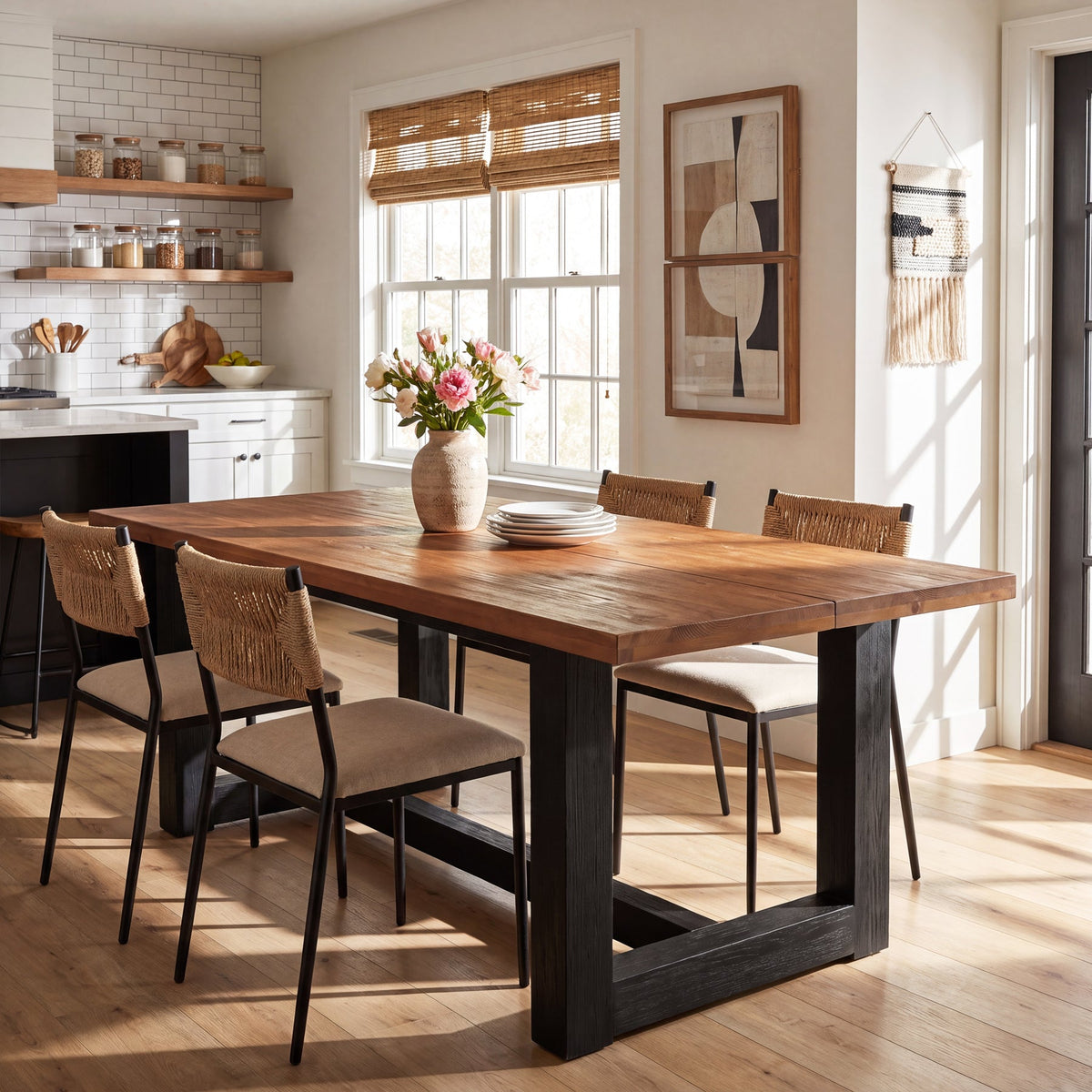 63 Inch Solid Wood Dining Table for 6, Farmhouse Kitchen Table with U-Shaped Legs