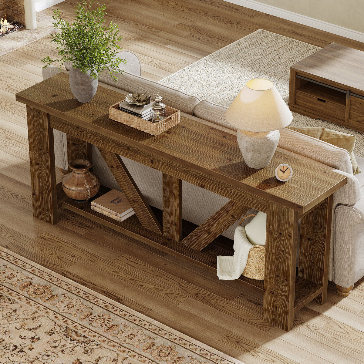 70.9-Inch Solid Wood Console Table with Triangular Base, 2-Tier Sofa Table for Hallway