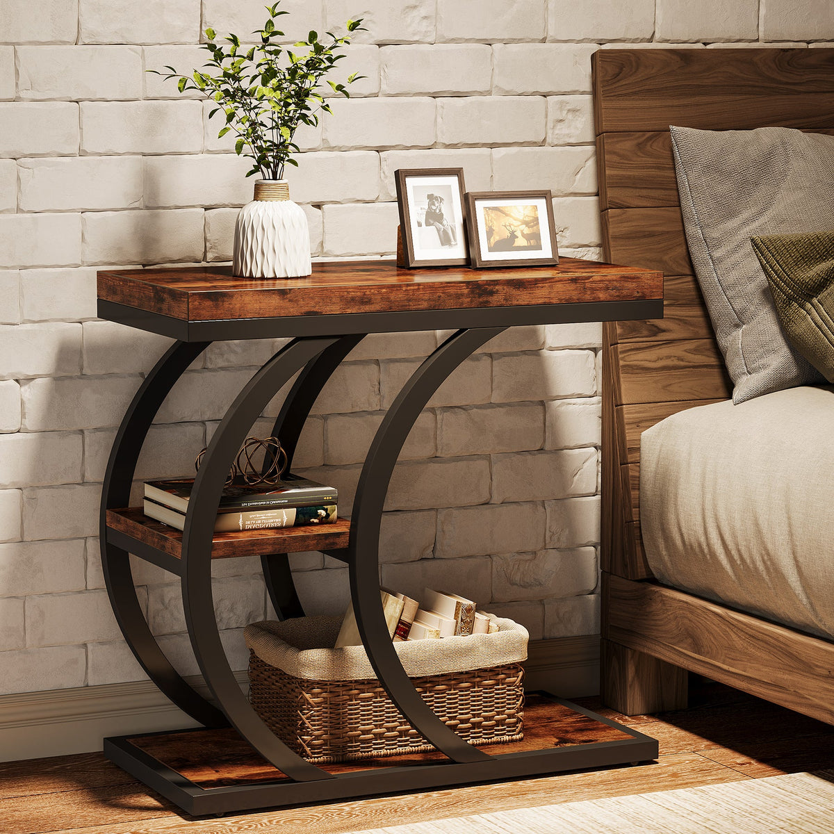C-Space 3-Tier End Table, A Narrow C-Shaped Wood & Metal Side Table for Small Spaces