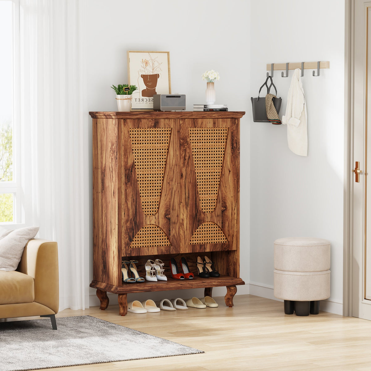 Rattan Shoe Cabinet, 5-Tier Hidden Shoe Storage for Entryway