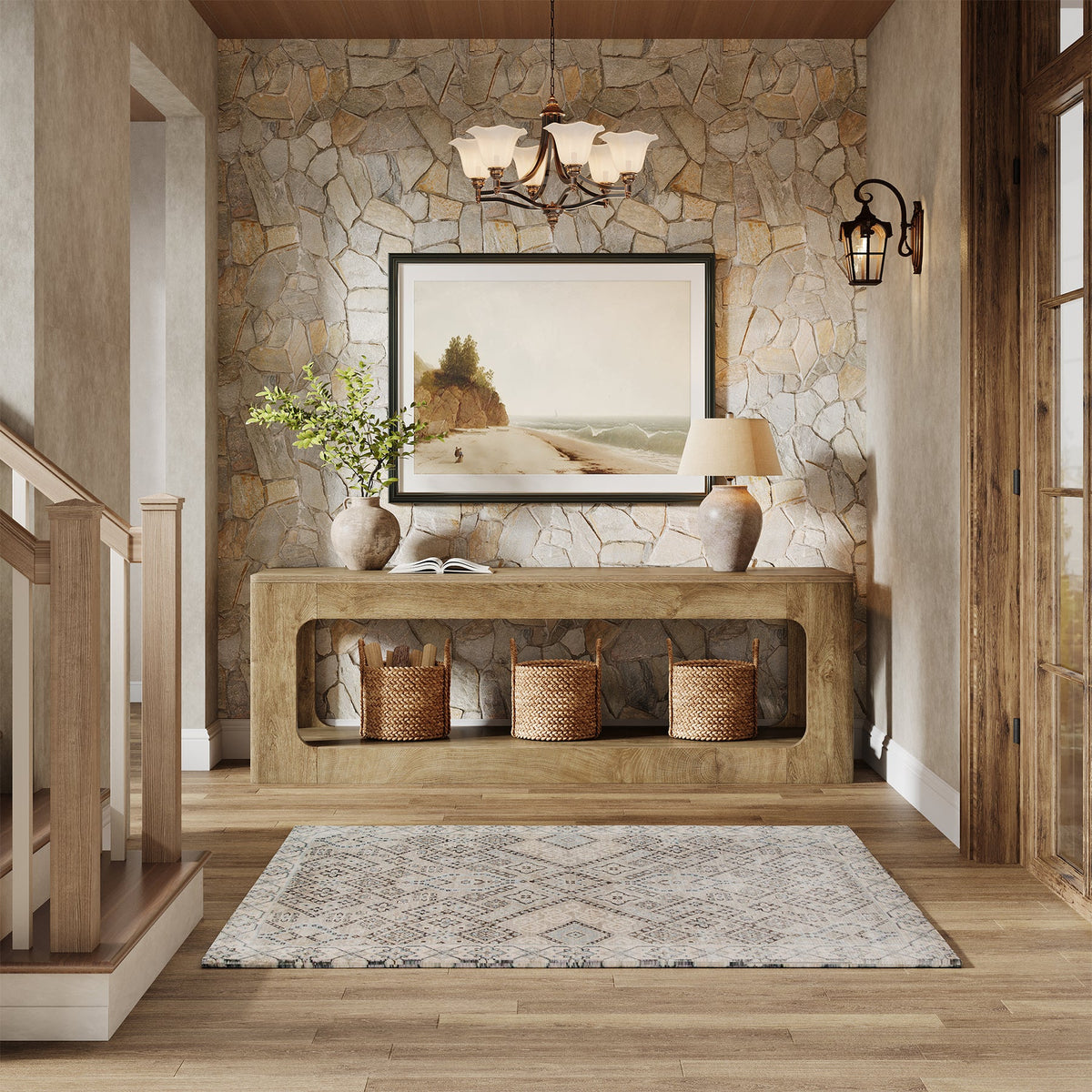 63-Inch Farmhouse Console Table with Circle Design, 2-Tier Entryway Table for Hallway