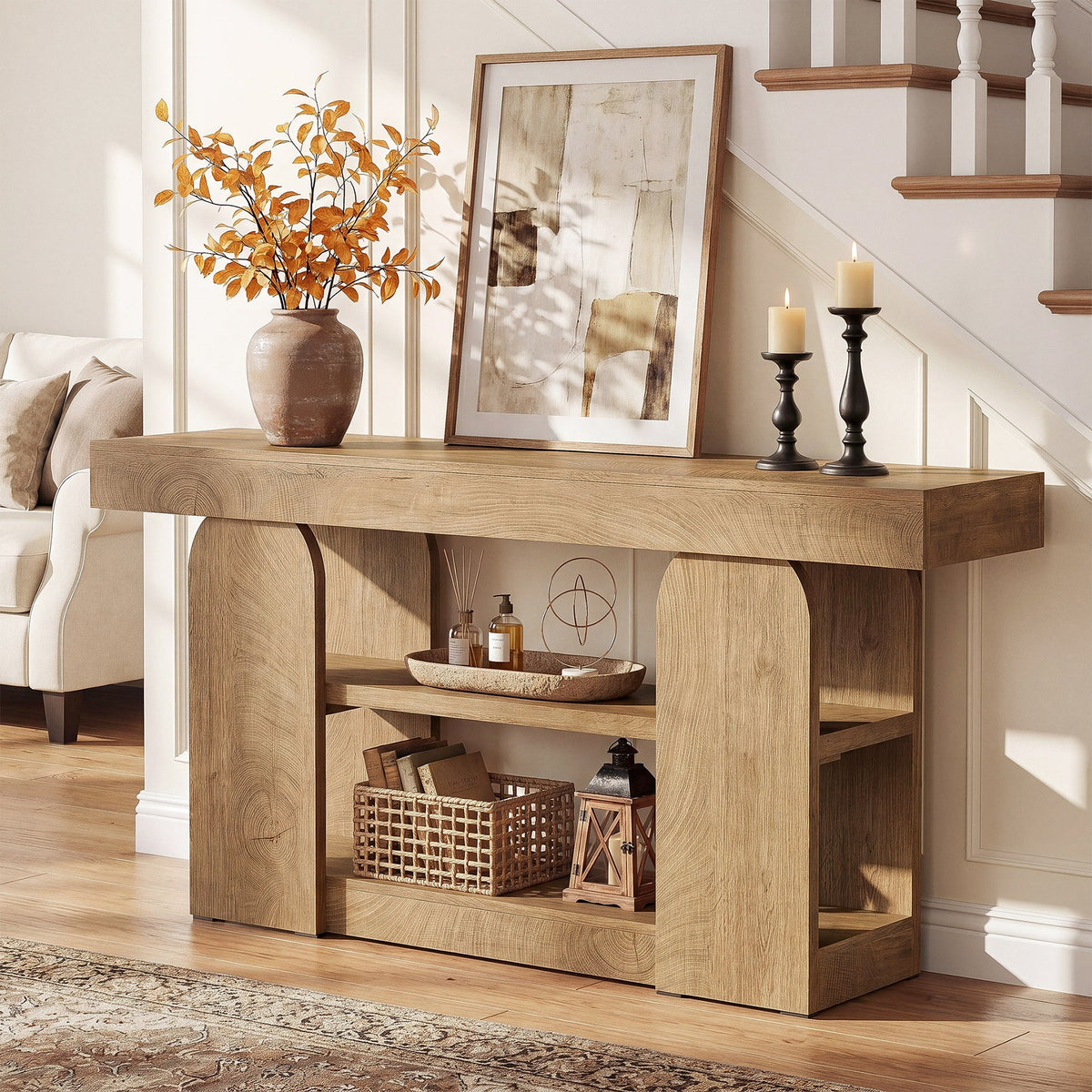 63-Inch Farmhouse Console Table with 3-Tier Storage Shelves, Long Narrow Entryway Table for Living Room and Hallway