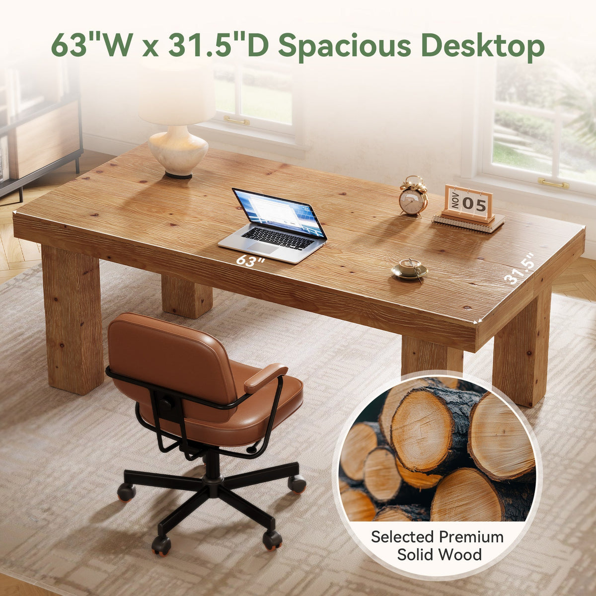 63-Inch Solid Wood Executive Desk with 3.74-Inch Thick Desktop and 350 lb Capacity, Farmhouse Computer Desk for Home Office Study and Business Workstation