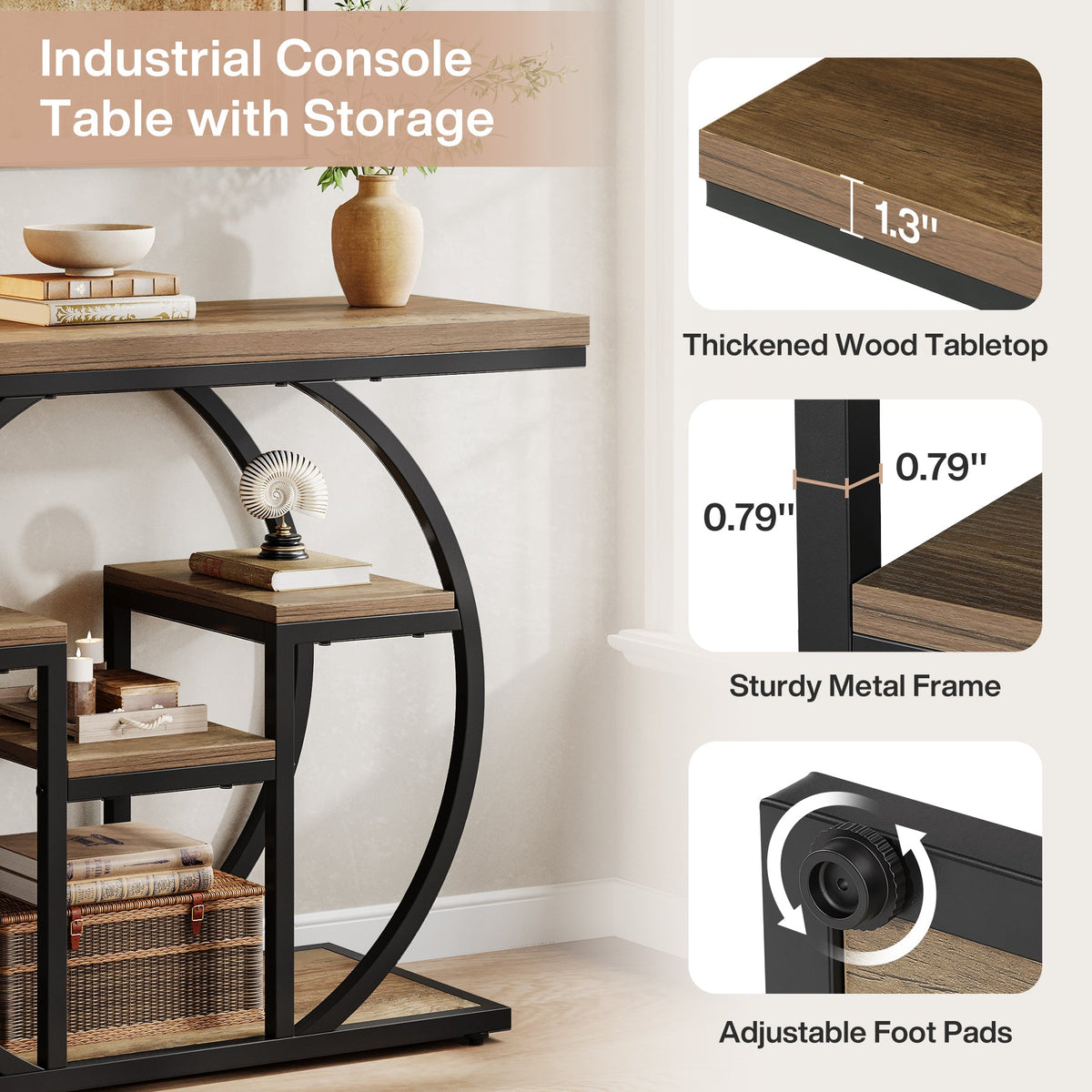 41 Inch Industrial Console Table with Storage, 4 Tier Narrow Sofa Table for Entryway Living Room
