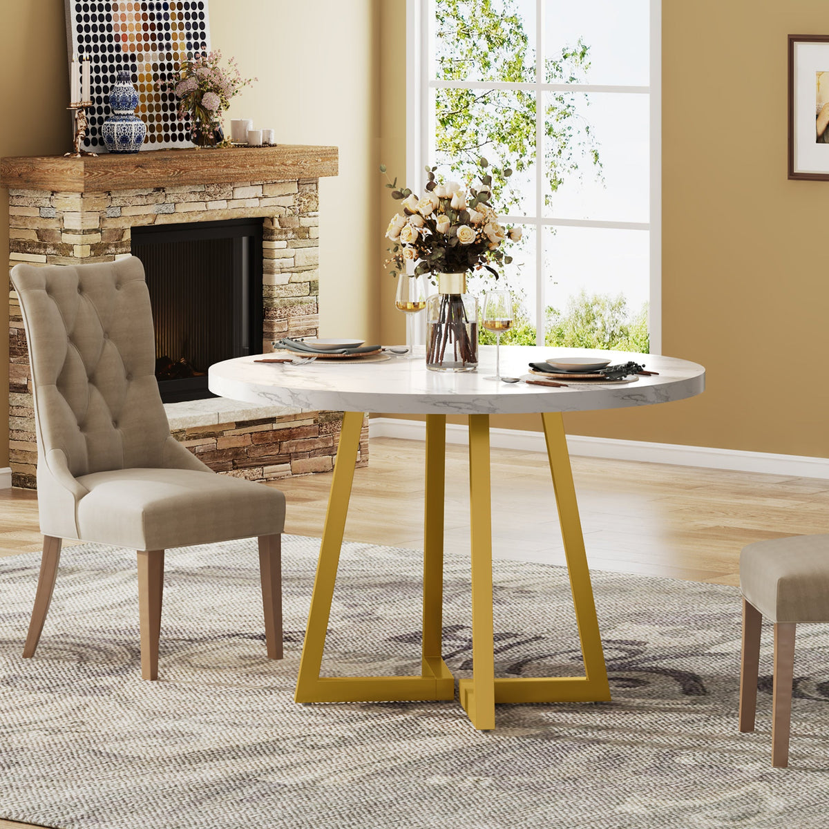 31.5-Inch Round Dining Table for 2, Compact Kitchen Table with Geometric Metal Base#Colour_White