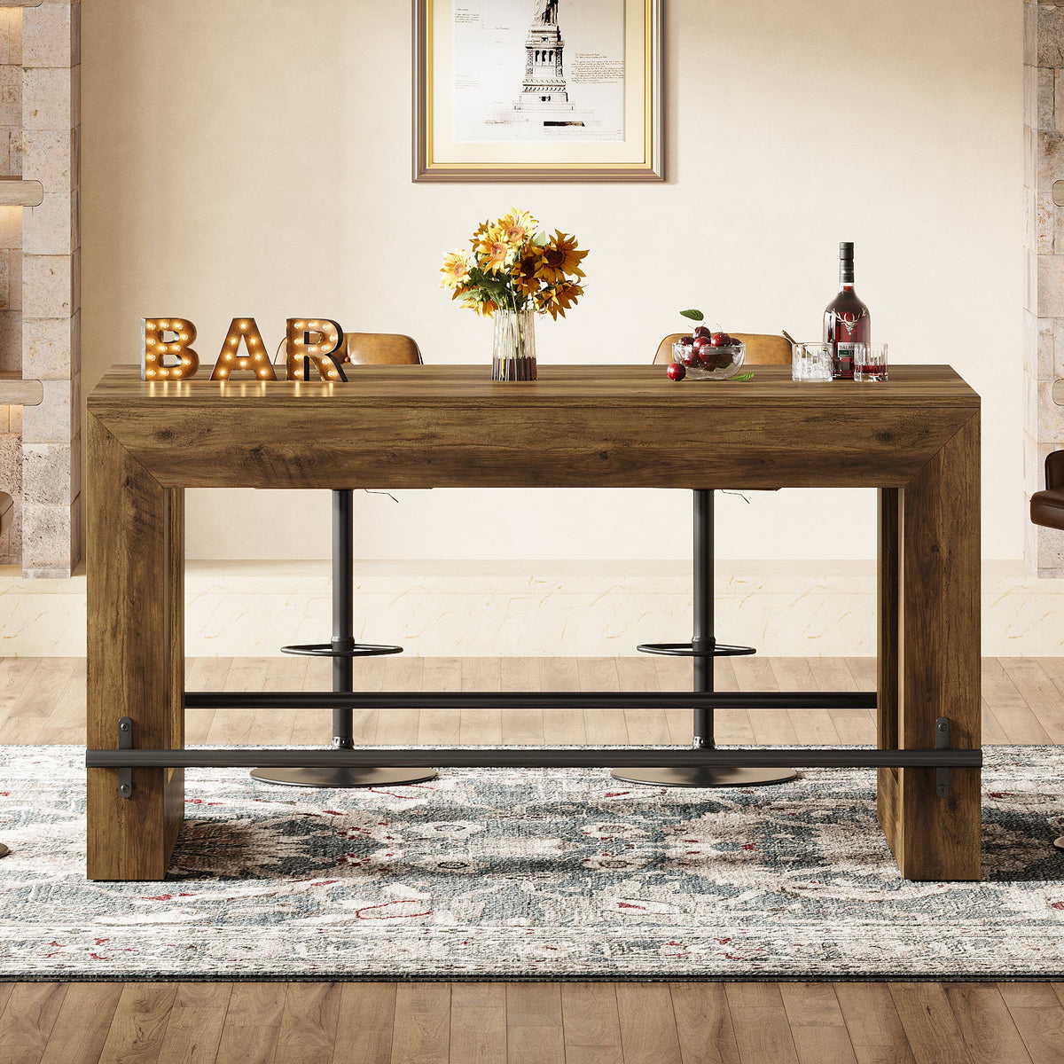 59-Inch Industrial Bar Table with Metal Footrest, Counter Height Pub Table for Kitchen