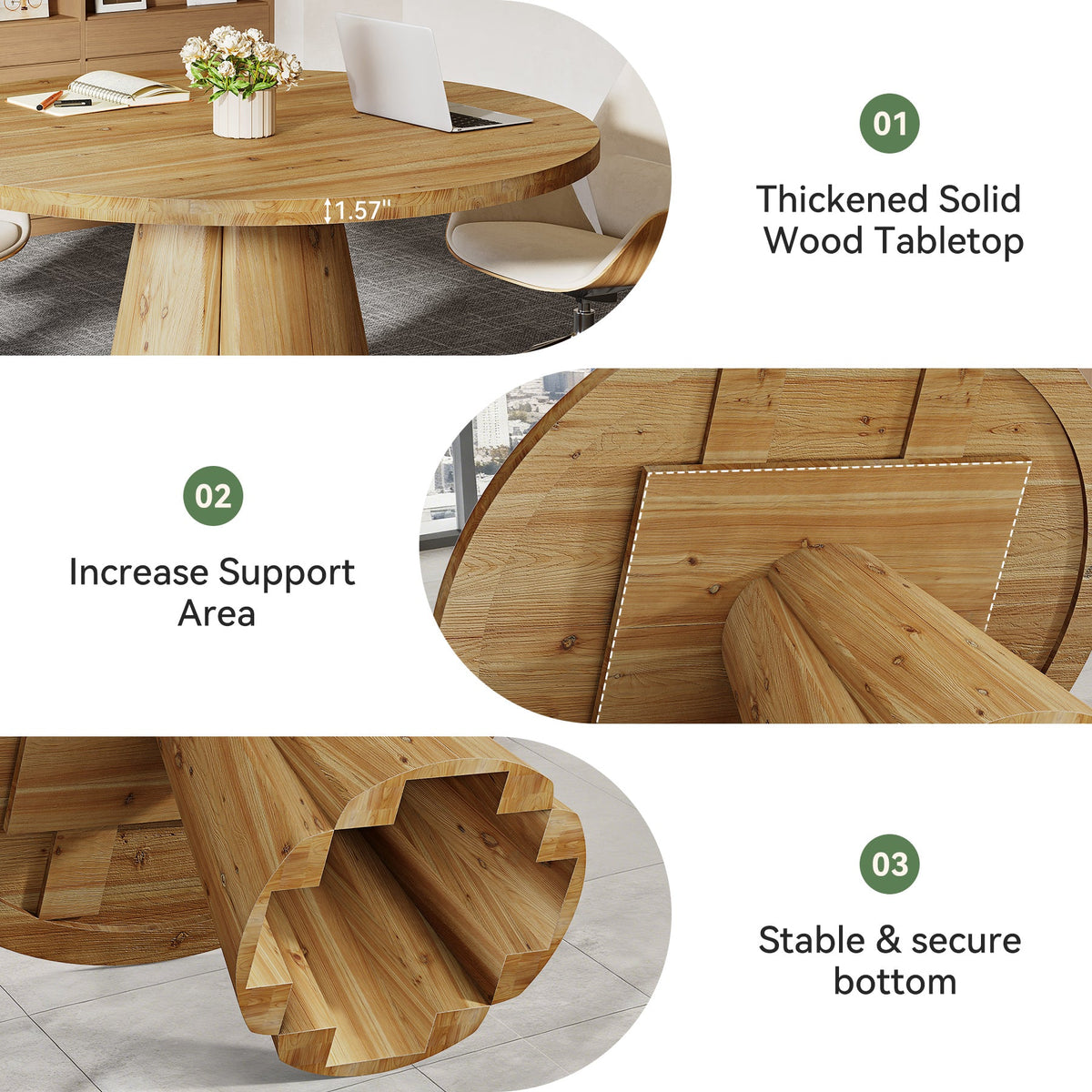 47.24-Inch Solid Wood Conference Table, Rustic Round Meeting Table with Pedestal Base for Office