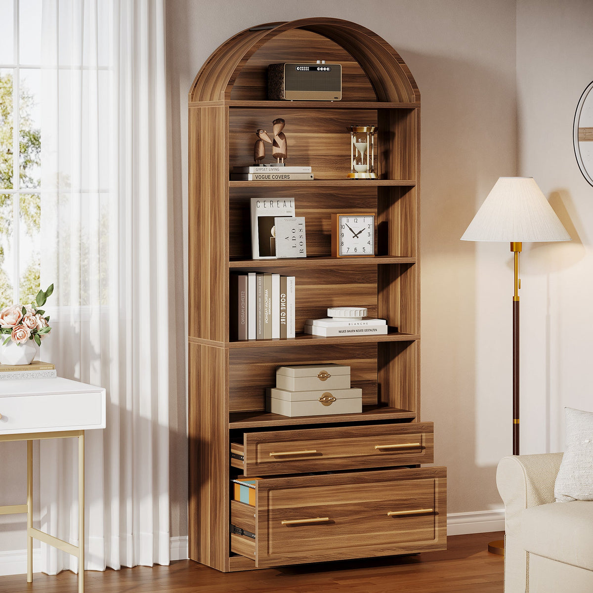 76.8-Inch Arched Bookcase with File Cabinet Drawer, 5-Tier Storage for Home Office