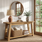 70.9-Inch Solid Wood Console Table with 2-Tier Storage Shelf, Farmhouse Entryway Table for Living Room and Hallway
