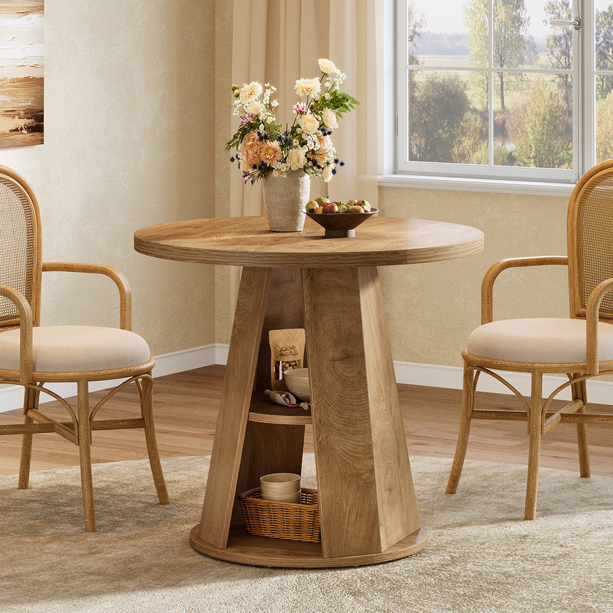 31.5-Inch Round Dining Table for 2-4, Space-Saving Farmhouse Kitchen Table with 2-Tier Storage Shelf for Small Spaces