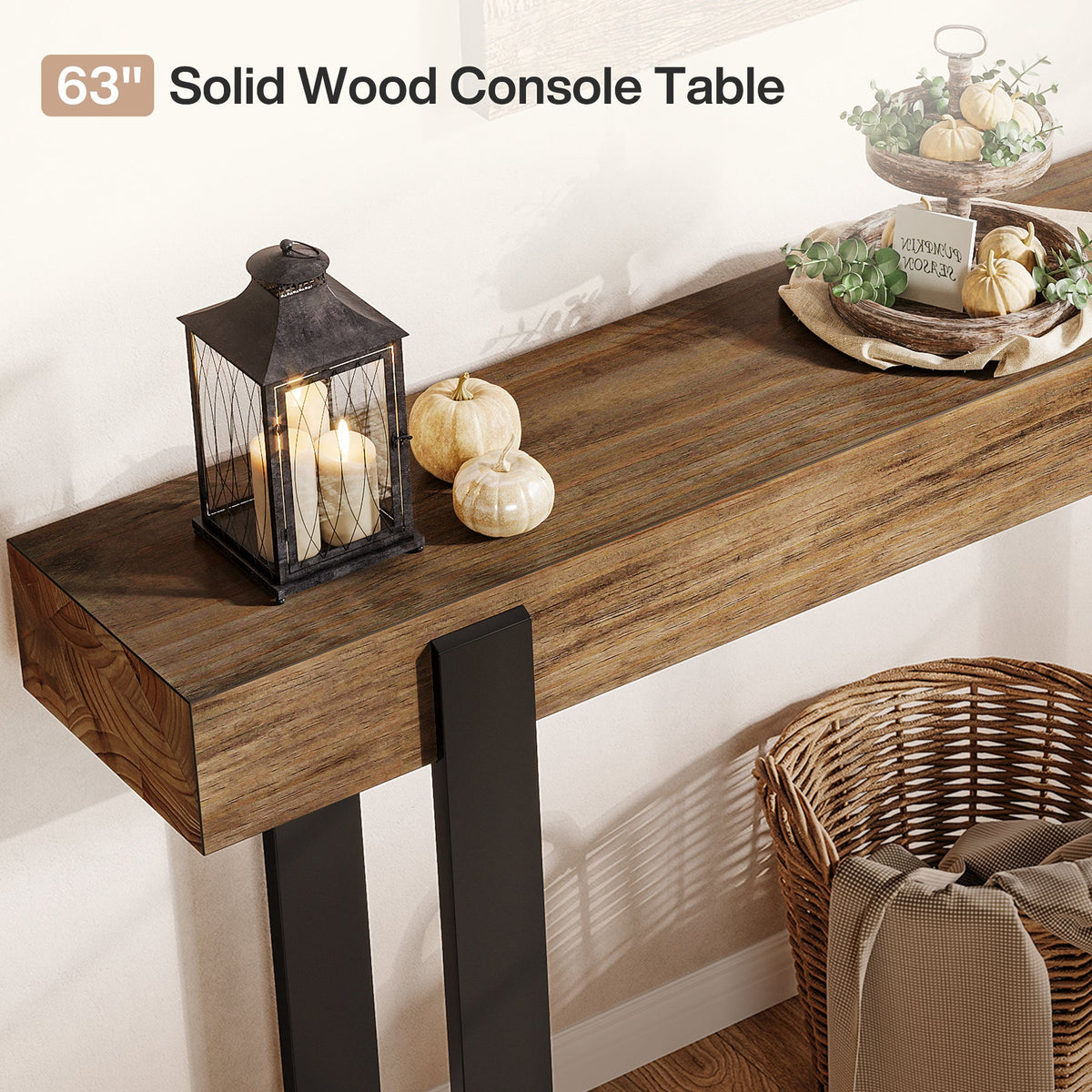63-Inch Solid Wood Sofa Table with Metal Support, Narrow Console Table for Behind Couch