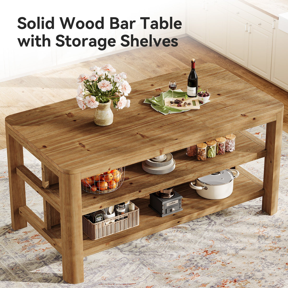 63-Inch Farmhouse Kitchen Island, Solid Wood Island Table with Open Storage Shelves