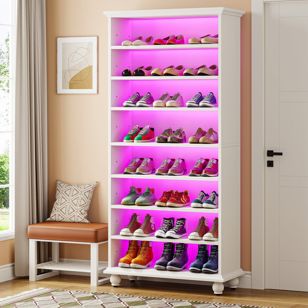 69-Inch Tall Shoe Storage Cabinet with LED Lighting and Solid Wood Legs, 28-Inch Wide 30-Pair Shoe Rack Organizer